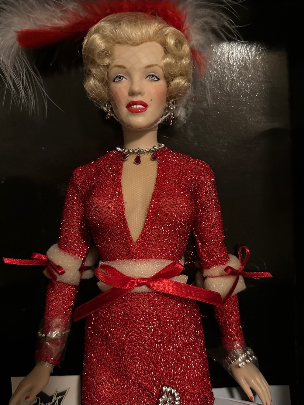 Mattel Red Glitter Glamour Doll with Feathered Headpiece